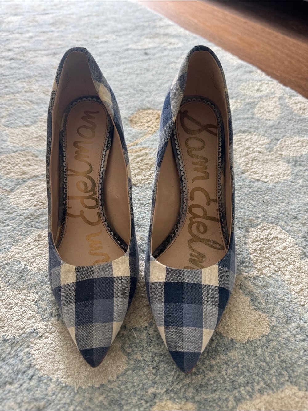 Sam Edelman Navy and Cream Gingham Hazel Pointed-Toe Pumps